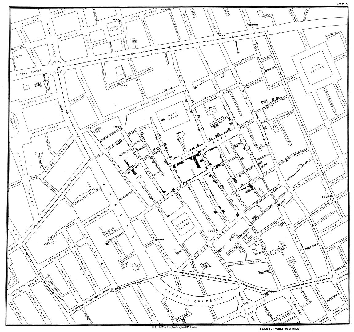 Map by 19th C epidemiologist John Snow, showing clusters of cholera cases in London.