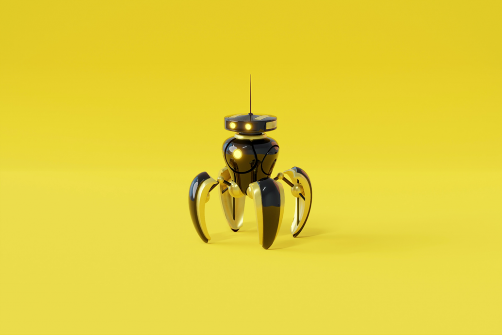 Small, spiderlike toy robot with glowing eyes on a yellow background. Image credit: Hobijist3d/Unsplash https://unsplash.com/photos/Auw1Cqsawtg