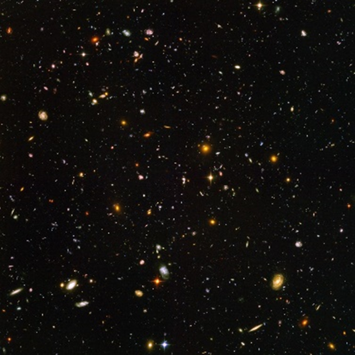 Telescope image taken from the Hubble Space Telescope Ultra Deep Field, a long exposure that reveals an enormous swarm of galaxies in a relatively small patch of sky. Image credit: NASA/Hubble Space Telescope. URL: https://www.nasa.gov/sites/default/files/thumbnails/image/hudf-hst-6200x6200_print.jpg