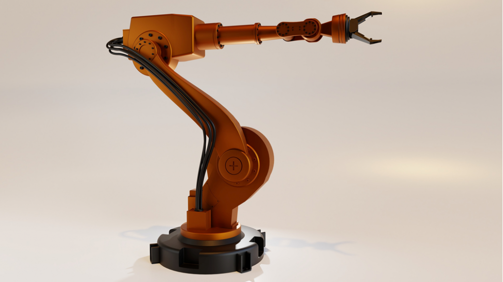 Photograph or 3-D render of an industrial robotic arm with a grasping claw at one end. Image credit: Sufyan/Unsplash