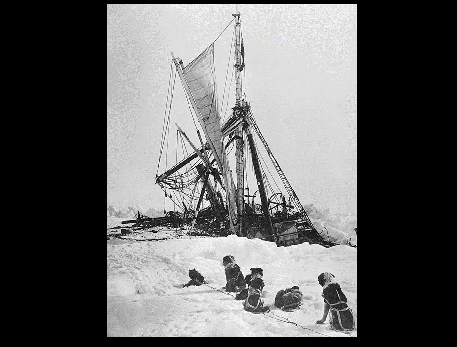 Photograph of the last throes of the Endurance, crushed in pack ice during Ernest Shackleton’s 1915 Antarctic expedition. Public Domain image by the Royal Geographic Society via Wikipedia.