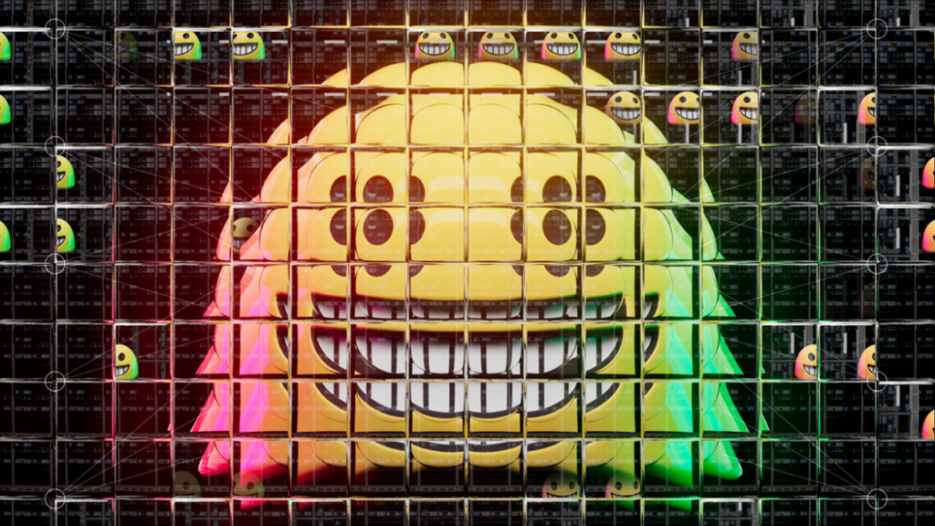 A photographic rendering of a smiling face emoji seen through a refractive glass grid, overlaid with a diagram of a neural network. Image credit: Alan Warburton / © BBC / Better Images of AI / CC-BY 4.0