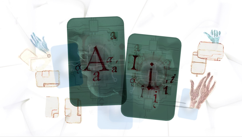 Two digitally illustrated green playing cards on a white background, with the letters A and I in capitals and lowercase calligraphy over modified photographs of human mouths in profile. Image credit: Alina Constantin/Better Images of AI (CC-BY 4.0)