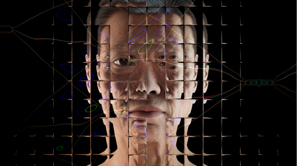 Image by Alan Warburton / © BBC / Better Images of AI / Virtual Human / CC-BY 4.0. A photographic rendering of a simulated middle-aged white woman against a black background, seen through a refractive glass grid and overlaid with a distorted diagram of a neural network.