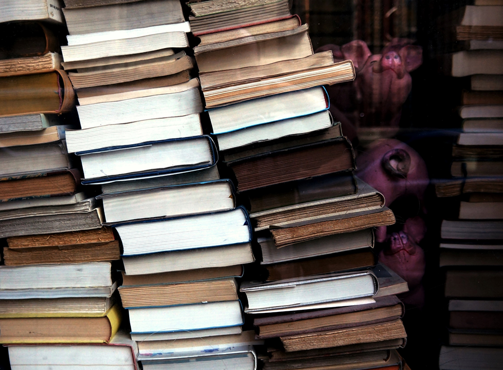 Multiple stacks of books, some of them developing a distinct lean. Image credit: All Bong/Unsplash