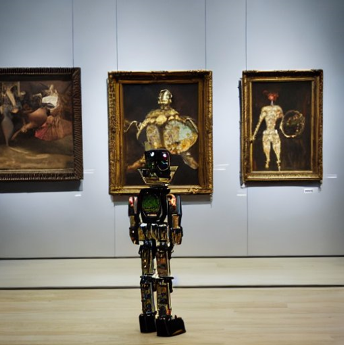 A shiny chrome human-shaped robot stands in a museum gallery, looking at framed pictures hanging on the walls. Image created with Stable Diffusion.