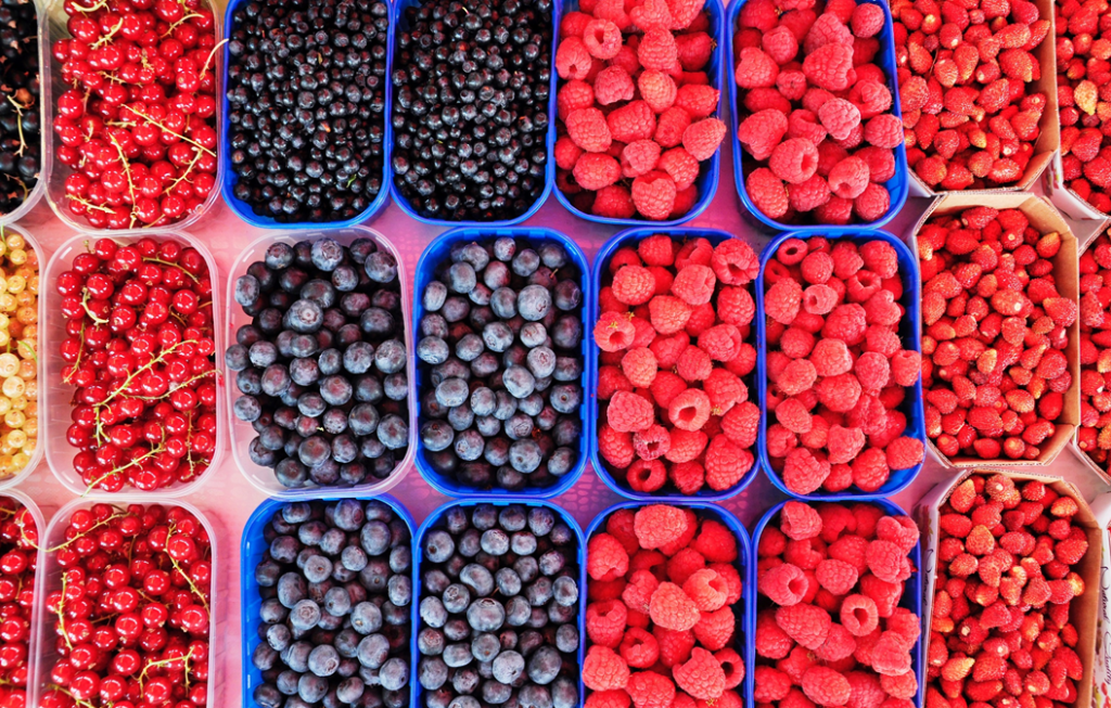 Photograph, taken from above, showing cartons filled with raspberries, cherries, blueberries, and strawberries. Image credit: Alex Block/Unsplash