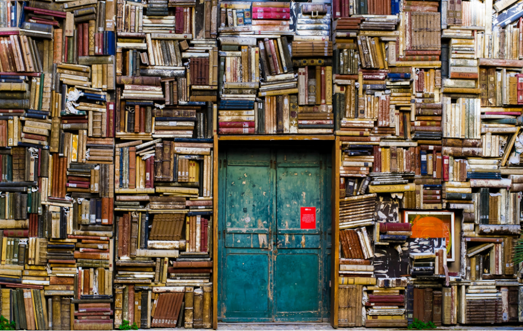 Photograph of a dilapidated set of double doors, framed by shelves crammed with old hardcover books stacked and shelved in a chaotic fashion. Image credit: Eugenio Mazzone/Unsplash