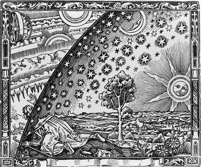 19th Century engraving showing a man in Medieval European dress in a pastoral landscape pushing his head beyond the firmament of heaven that holds the sun, moon, and stars, revealing the mysterious workings of the Cosmos beyond. Anonymous - Camille Flammarion, L'Atmosphère: Météorologie Populaire (Paris, 1888), pp. 163.
