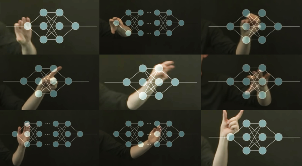 Nine small images with schematic representations of differently shaped neural networks, a human hand making a different gesture is placed behind each network. Image credit: Alexa Steinbrück / Better Images of AI / Explainable AI / CC-BY 4.0
