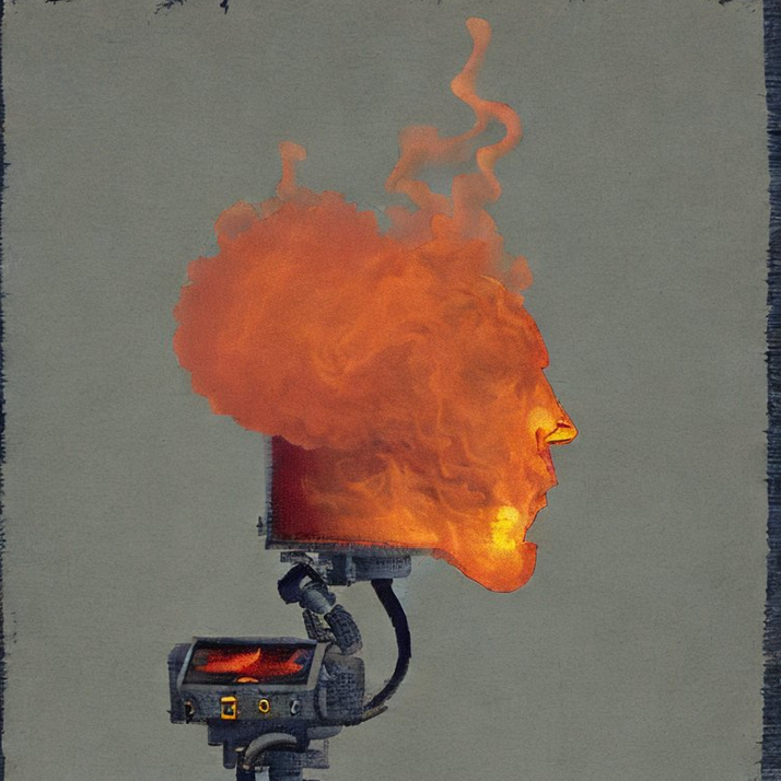 A painting-like image of an android with machine “neck” and “shoulders” but a human-shaped head composed of smoke and flame. Image created with Stable Diffusion Online.