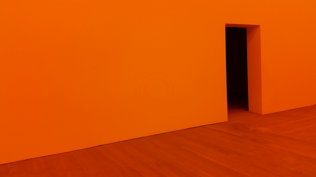 An empty room with red walls and wooden flooring, with a doorway with no door in the wall. The doorway itself is in deep shadow. Image credit: Natalia Y/Unsplash