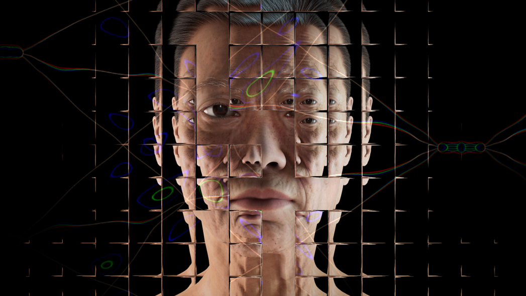 A photographic rendering of a simulated middle-aged white woman against a black background, seen through a refractive glass grid and overlaid with a distorted diagram of a neural network. Image by Alan Warburton / © BBC / Better Images of AI / Virtual Human / CC-BY 4.0