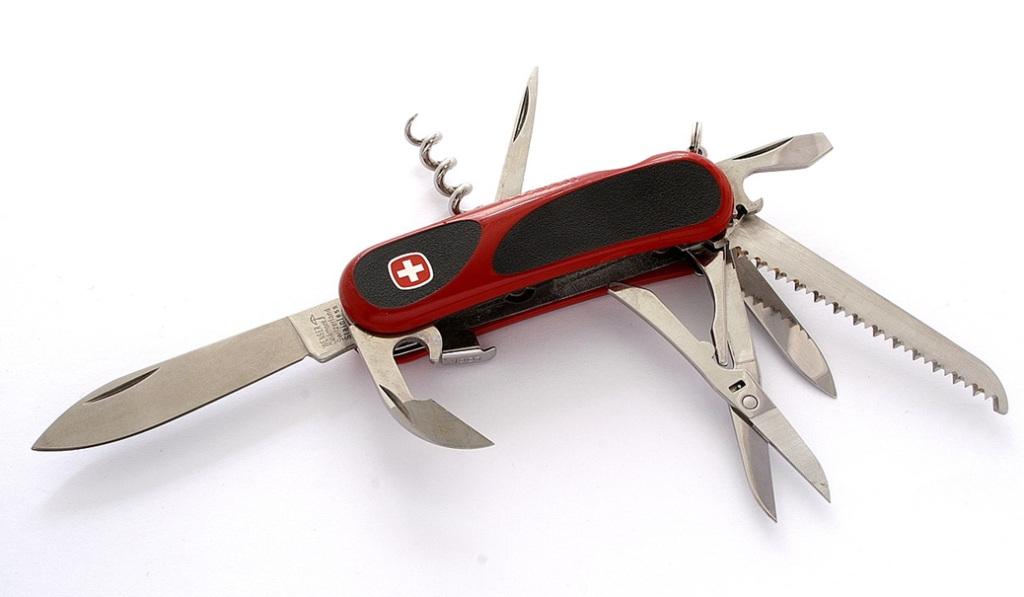 Photograph of a Swiss Army-style pocketknife with multiple tools opened and displayed. Image credit: D-M Commons/Wikipedia.