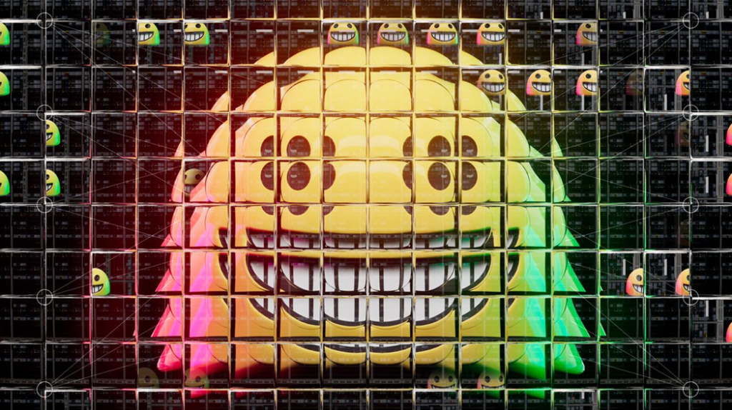 A photographic rendering of a smiling face emoji seen through a refractive glass grid, overlaid with a diagram of a neural network. Image credit: Alan Warburton / © BBC / Better Images of AI / CC-BY 4.0