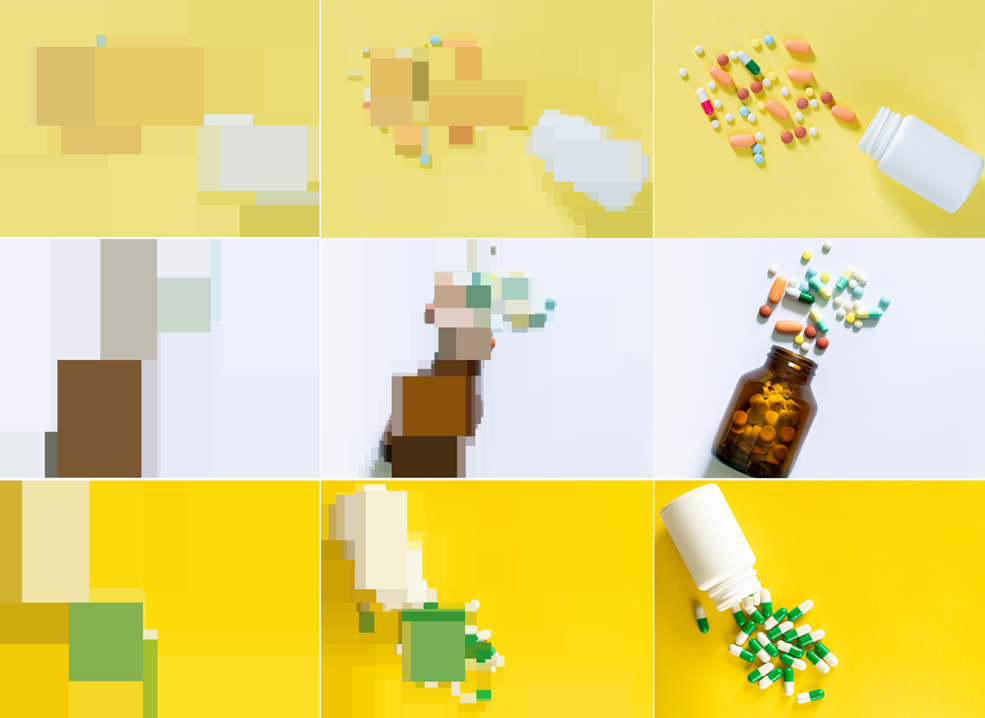 This picture is made up of 9 images in rows of 3. Each row shows a different image of a pill bottle spilling out pills onto a plain surface, on yellow or white backgrounds. On one side, the image is an original photograph. The next two iterations show it getting represented in progressively larger blocks of colour. Image credit: Rens Dimmendaal & Banjong Raksaphakdee / Better Images of AI / CC-BY 4.0