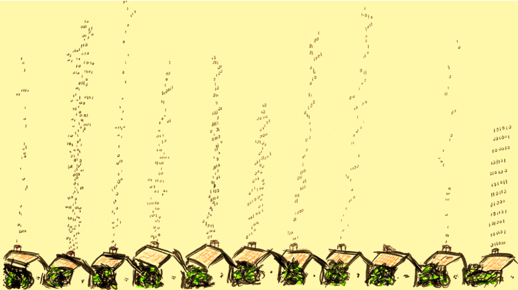 A hand-drawn sketch in coloured pens depicts a small uniform row of houses at the bottom of the picture. From each of the houses, 0s and 1s representing digital data are floating up in plumes which look like smoke from the chimneys of the houses; but these are not uniform: they represent the different types of data from each house. Image credit: Joahna Kuiper / Better Images of AI / Little data houses / CC-BY 4.0