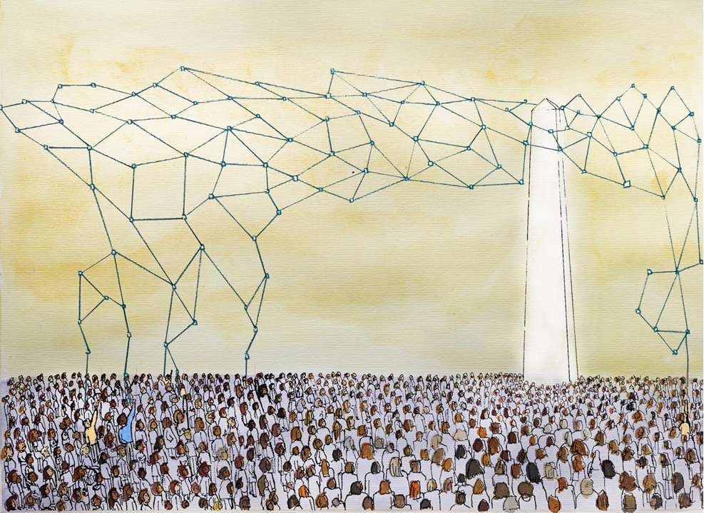 A neural network comes out of the top of an ivory tower, above a crowd of people's heads. Some of them are reaching up to try and take some control and pull the net down to them. Watercolour illustration. Image credit: Jamillah Knowles & We and AI / Better Images of AI/ CC-BY 4.0