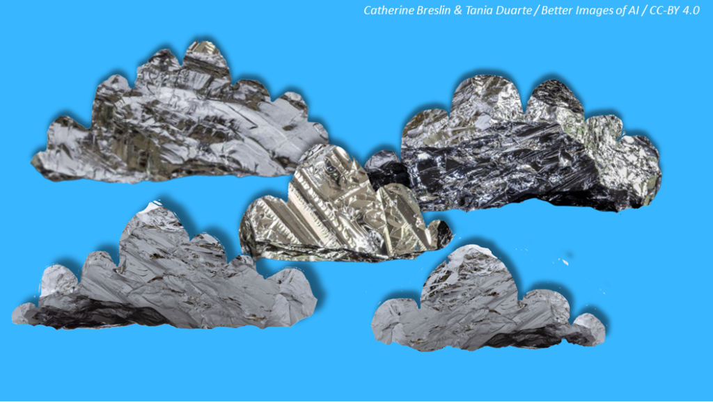 A group of five cloud shapes float across a blue background. The clouds are collages made out of close up photographs of shiny silver silicon surfaces. Catherine Breslin & Tania Duarte / Better Images of AI / AI silicon clouds collage / CC-BY 4.0