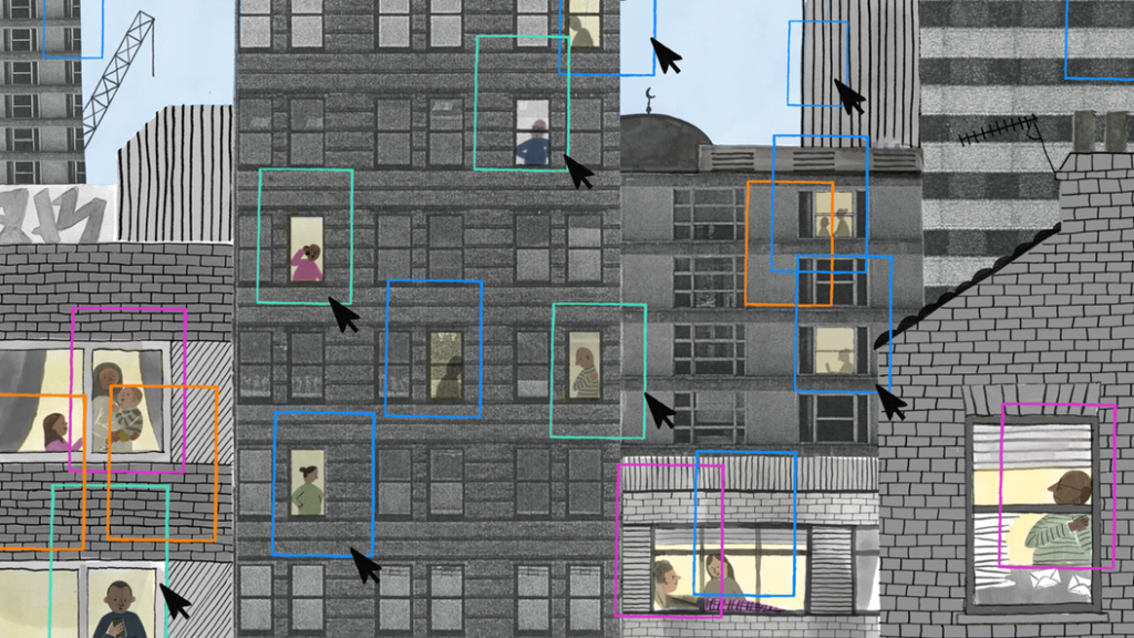 Building blocks are overlayed with digital squares that highlight people living their day-to-day lives through windows. Some of the squares are accompanied by cursors. Emily Rand & LOTI / Better Images of AI / AI City / CC-BY 4.0