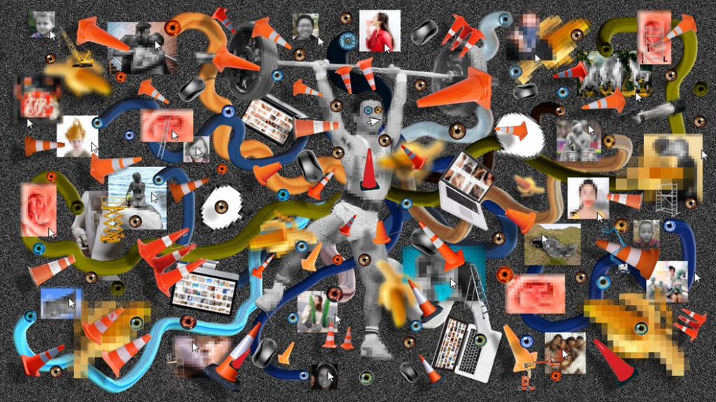 Collage depicting human-AI collaboration in content moderation. Multiple arms, screens, computer cursors and eyes highlight the extensive human labor involved. Image credit: Anne Fehres and Luke Conroy & AI4Media / Better Images of AI / Humans Do The Heavy Data Lifting / CC-BY 4.0