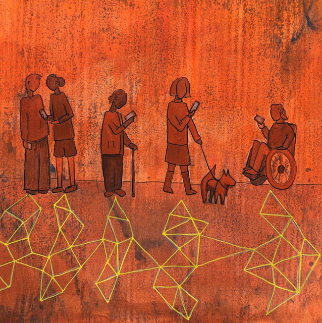 Five people and a dog are seen in outline in orange, against an orange background. Two of the people talk to each other, one stands along with her stick, one walks a dog, and the other is in a wheelchair. All of them look at their mobile phones intently, and all cast shadows on the ground. The shadows are made up of network diagrams, being representative rather than a literal shadow. Image credit: Jamillah Knowles & Reset.Tech Australia / Better Images of AI / People with phones / CC-BY 4.0