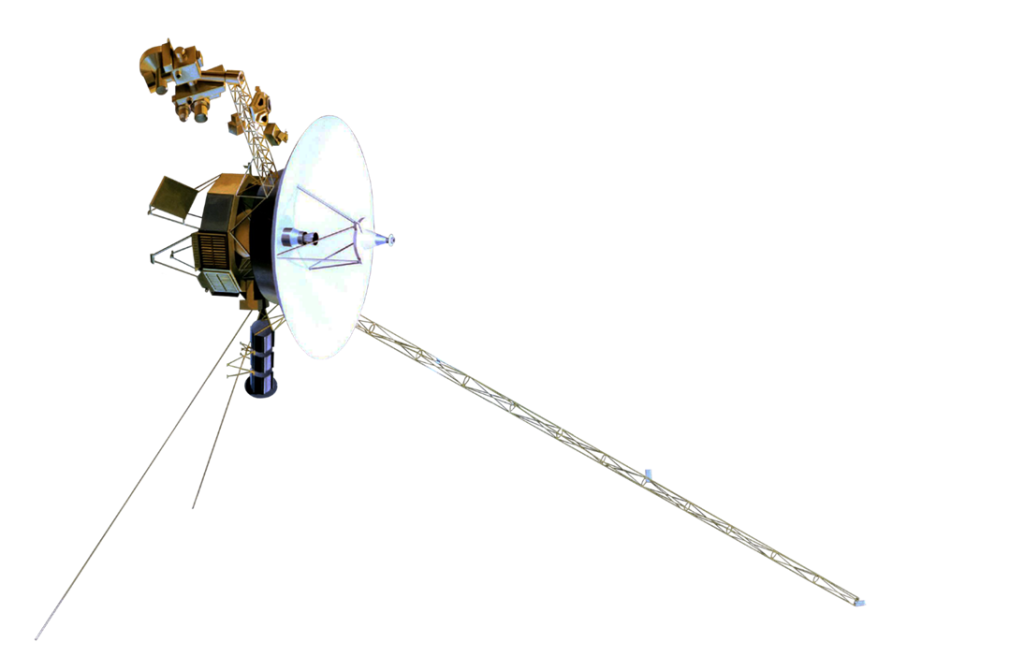 Artist’s rendering of the Voyager 1 spacecraft, showing large central communication dish, camera boom, and antennae. Image credit: NASA