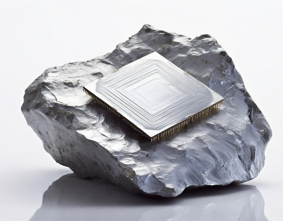 A shiny rock of silicon is on a plain white reflective surface, against a plain white background. Embedded in the rock is a rough shape of a silicon chip, which is made from the same rock of silicon. Image credit: Catherine Breslin & Team and Adobe Firefly / Better Images of AI / Chipping Silicon / CC-BY 4.0