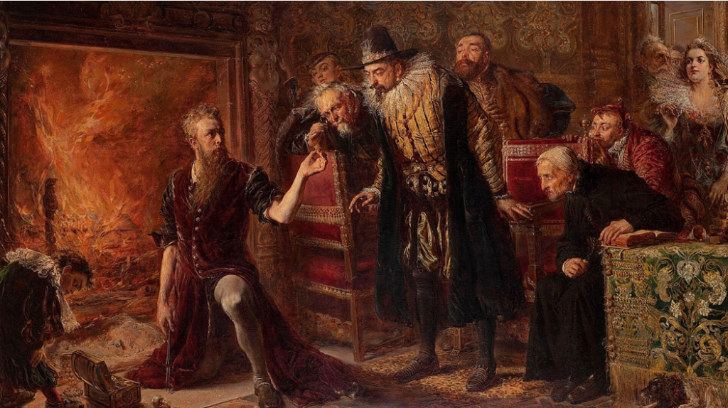 Oil painting of the Alchemist Sendivogius (1566–1636) by Jan Matejko, 1867. The painting shows a man with a long beard, kneeling with back to a roaring fire; holding up a gold specimen while a small crowd in 16th century Dutch dress peers at his work.