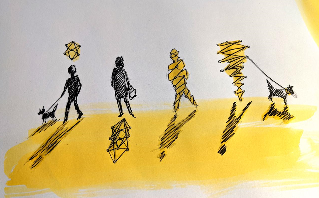 A watercolour illustration in two strong colours showing the silhouettes of four people, two of whom have dogs on leads. They all cast shadows, and vary between realistic representations and those formed by representations of algorithms, data points or networks. The people and their data become indistinguishable form each other. Image credit: Jamillah Knowles / Better Images of AI / Data People / CC-BY 4.0