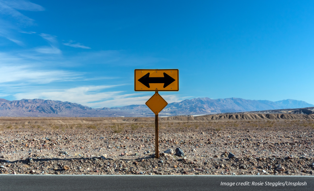 A yellow road sign with double arrow pointing to both left and right on a highway. Blue sky, arid terrain, and mountain ridges in the background. Image credit: Rosie Steggles/Unsplash