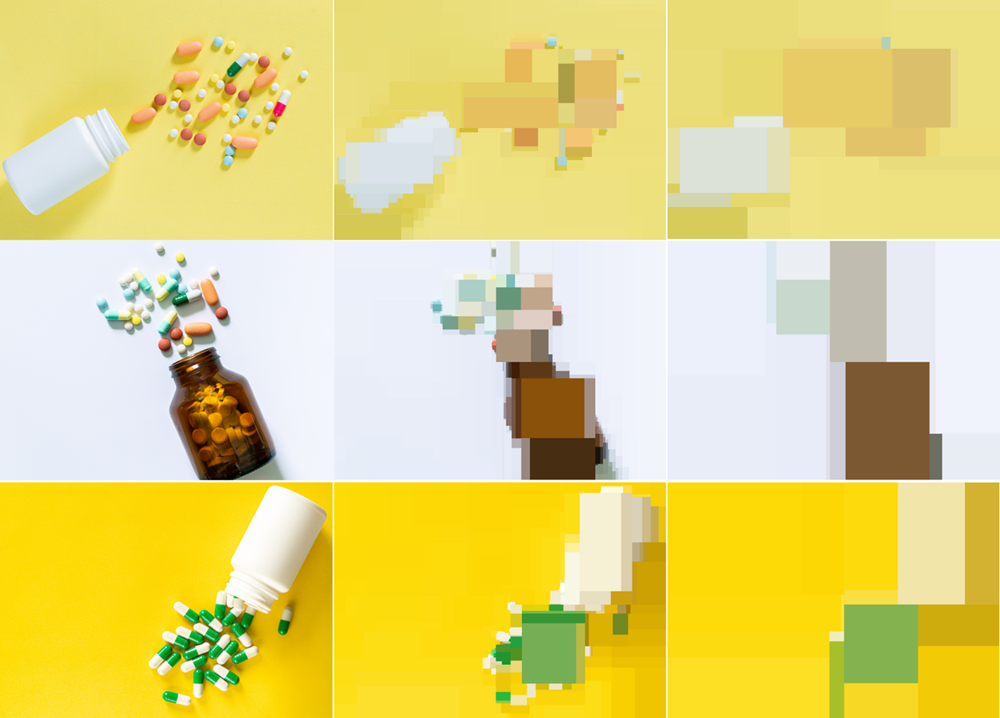 This picture is made up of 9 images in rows of 3. Each row shows a different image of a pill bottle spilling out pills onto a plain surface, on yellow or white backgrounds. On one side, the image is an original photograph. The next two iterations show it getting represented in progressively larger blocks of colour.. Image credit: Rens Dimmendaal & Banjong Raksaphakdee / Better Images of AI / Medicines / CC-BY 4.0