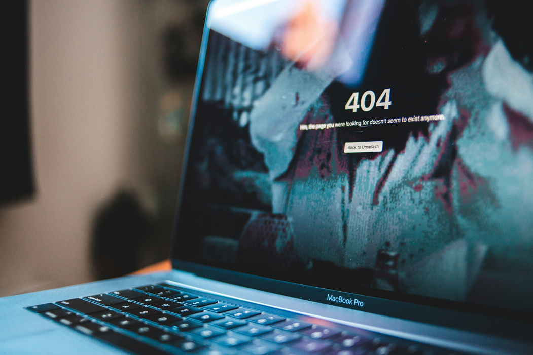 Open laptop computer with the screen displaying a “404” error message (web page not found). Image credit: Erik McLean/Unsplash