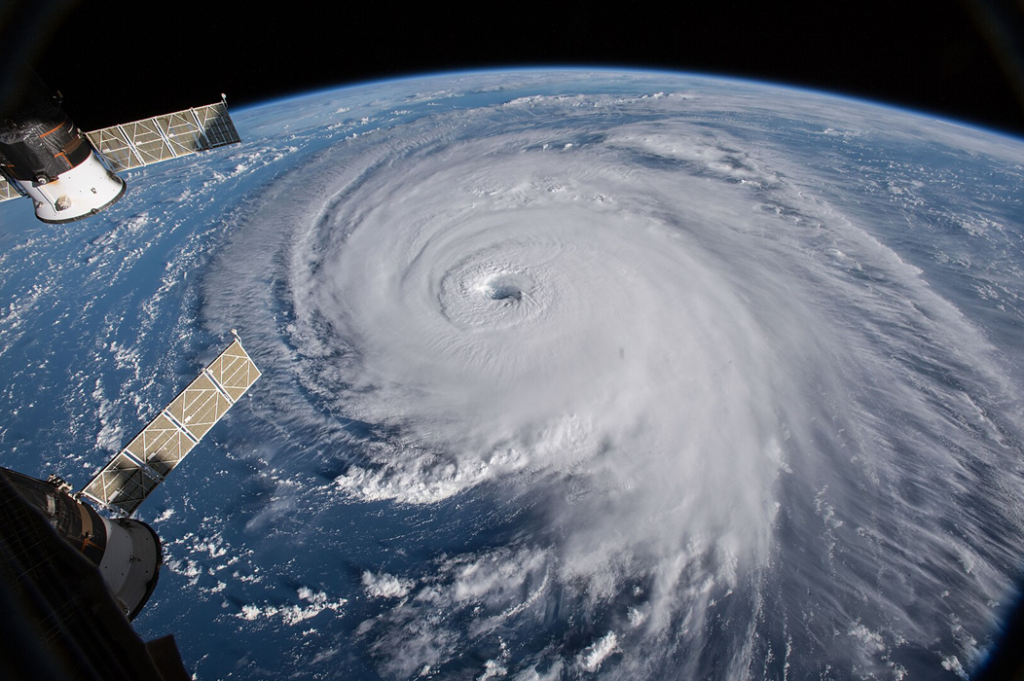 Hurricane Florence in 2018 as viewed from International Space Station: The eye, eyewall, and surrounding rainbands are characteristics of tropical cyclones. Image credit: NASA Goddard Space Flight Center