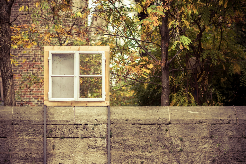 Wooden window frame sitting on top of an exterior masonry wall, with trees and a brick building out of focus in the background. Image credit: Kai Oberhäuser/Unsplash