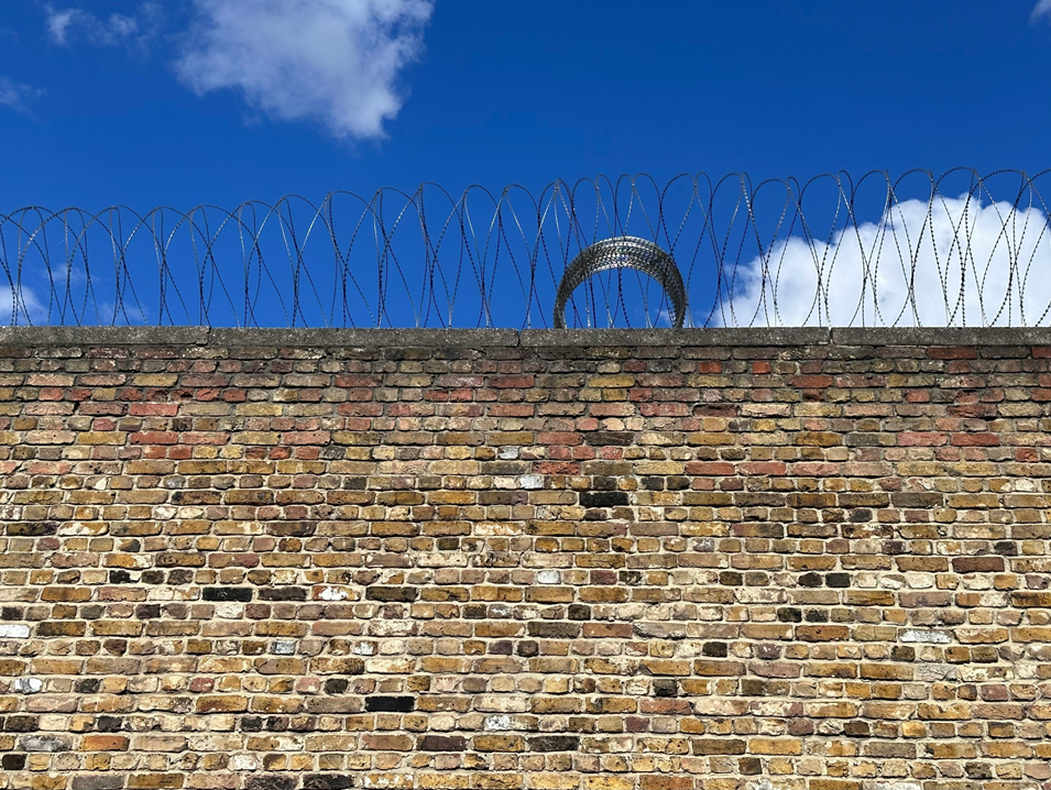 Brick wall with a roll of barbed wire atop it, with blue sky and clouds in the upper background. Image credit: John Cameron/Unsplash