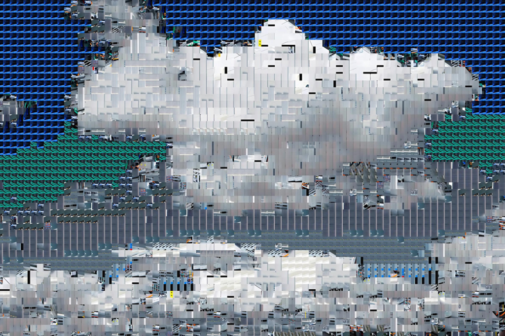 A mosaic-like image of clouds, made of server and data center components, symbolizing the hidden physical infrastructure of cloud computing. Nadia Piet + AIxDESIGN & Archival Images of AI / Better Images of AI / Cloud Computing / CC-BY 4.0