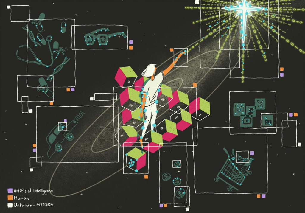 The painting shows a person standing on a staircase made of green and pink cubes, symbolising a Penrose staircase, in a cosmic environment. The person is reaching towards a glowing cross-shaped structure emitting binary code, representing AI's reach into the future. Surrounding the figure are outlined boxes showing various elements, such as glasses, medical tools, a self-driving car, and financial symbols, interconnected by white lines. The background is dark with star-like dots and features colour-coded boxes which mark different elements as relating to AI, human involvement, a combination of both, or an area uncharted by AI and humans. Image credit: Yutong Liu & The Bigger Picture/ Better Images of AI / CC-BY 4.0