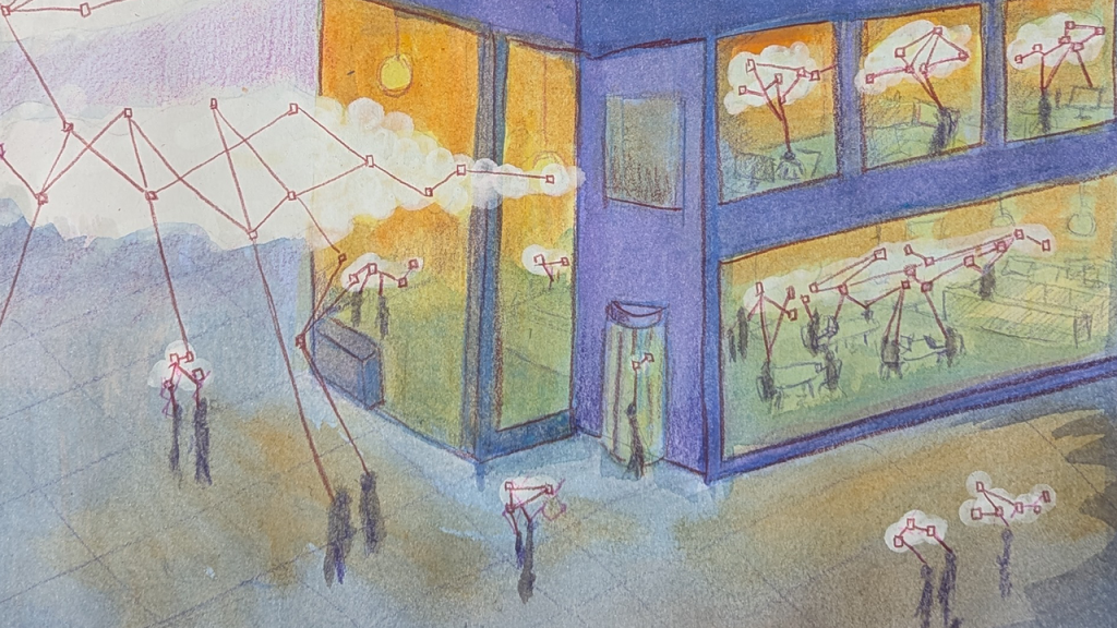 The image is of the exterior of an impression of a building. People and figures can be seen inside and outside of the building. There are clouds of network connections all around the building and inside. It relates to the digital networked workplace. Jamillah Knowles & Digit / https://betterimagesofai.org / https://creativecommons.org/licenses/by/4.0/