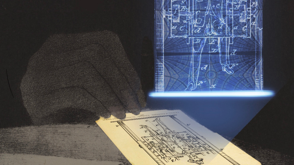 An anonymous figure examines handwritten notes overlaid with a blue light projection resembling a virtual reality interface. The projection brings the notes to life, highlighting details such as a reference to the intricate ceiling of King’s College Chapel and a diagram of a man encircled by a series of numbers, blending historical imagery with futuristic technology. Image credit: Hanna Barakat & Cambridge Diversity Fund / https://betterimagesofai.org / https://creativecommons.org/licenses/by/4.0/