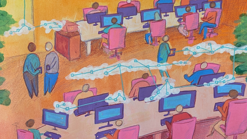A brightly coloured office populated with all kinds of people working at connected desks. There are computer screens and networks in the air in clouds. The image shows the connectivity of a digitally transformed workplace. It was drawn and painted using guache and pencil. Image credit: Jamillah Knowles & Digit/Better Images of AI/CC-BY 4.0