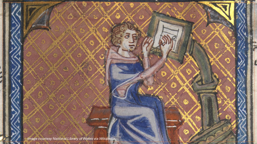 Detail from a medieval illuminated manuscript showing a scribe at work at his desk. Image courtesy National Library of Wales via Wikipedia.